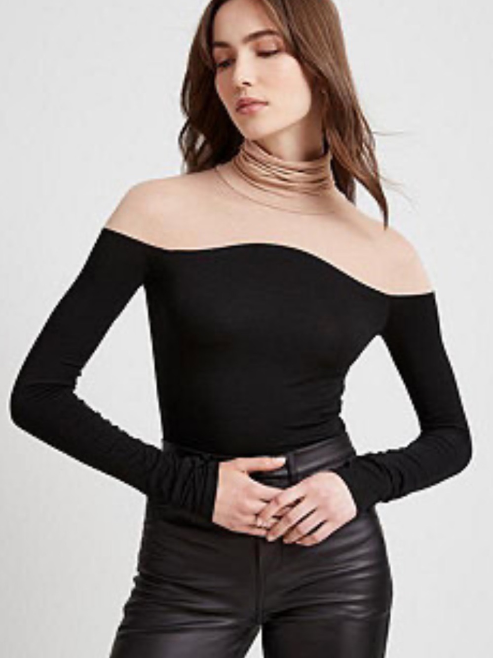 MARCELLA Eliot Black Off-Shoulder Illusion Long Sleeve Turtleneck Top